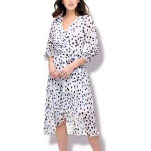 NWT DKNY Polka Dot Faux-Wrap Balloon Sleeve Midi Dress, Sz 12
